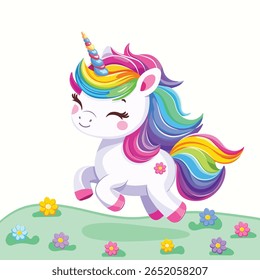 Unicórnio bebê muito bonito com cabelo brilhante bonito no fundo branco com flores. Cartaz, banner, folheto, cartão comemorativo. Ilustração vetorial em estilo de desenho animado plano