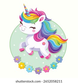 Very cute baby unicorn with beautiful bright colored hair on white background with flowers. Poster, banner, flyer, greeting card. Vector illustration in flat cartoon style