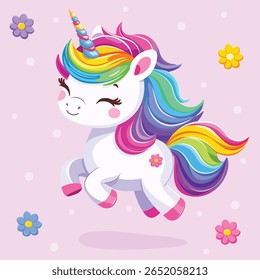 Muito bonito unicórnio bebê com cabelo brilhante bonito no fundo rosa com flores. Cartaz, banner, folheto, cartão comemorativo. Ilustração vetorial em estilo de desenho animado plano