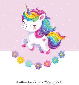 Unicórnio bebê muito bonito com cabelo brilhante bonito no fundo branco com flores. Cartaz, banner, folheto, cartão comemorativo. Ilustração vetorial em estilo de desenho animado plano
