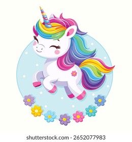 Unicórnio bebê muito bonito com cabelo brilhante bonito no fundo branco com flores. Cartaz, banner, folheto, cartão comemorativo. Ilustração vetorial em estilo de desenho animado plano