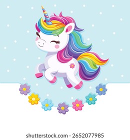 Unicórnio bebê muito bonito com cabelo brilhante bonito no fundo branco com flores. Cartaz, banner, folheto, cartão comemorativo. Ilustração vetorial em estilo de desenho animado plano