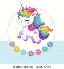 Unicórnio bebê muito bonito com cabelo brilhante bonito no fundo branco com flores. Cartaz, banner, folheto, cartão comemorativo. Ilustração vetorial em estilo de desenho animado plano