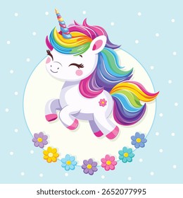 Very cute baby unicorn with beautiful bright colored hair on blue background with flowers. Poster, banner, flyer, greeting card. Vector illustration in flat cartoon style