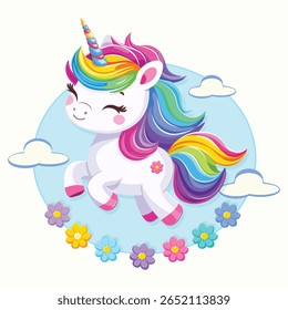 Unicórnio bebê muito bonito com cabelo brilhante bonito no fundo branco com flores. Cartaz, banner, folheto, cartão comemorativo. Ilustração vetorial em estilo de desenho animado plano