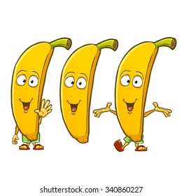 Very cute banana cartoon character set with different emotions and poses isolated on white background