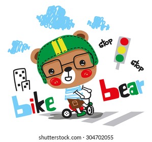Very cute bear on tricycle vector.