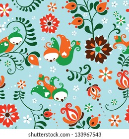 Very Cute Birds Seamless texture, endless pattern with Flowers. Seamless pattern can be used for wallpaper, pattern fills, web page background, surface textures. Gorgeous seamless floral background.