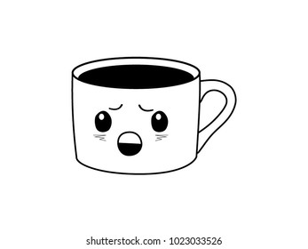 very cute black coffee cup is upset, cartoon