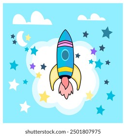 Very cute, blue plane, with clouds, stars