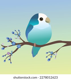 A very cute blue Rosy-faced lovebird in the shape of an egg. Soft blue green gradient background. The bird is perched on a branch with blue blossom.