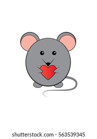 Very cute cartoon mouse holding a heart in his paws. Design for a card or small souvenir