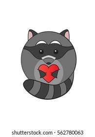 Very cute cartoon raccoon holding a heart in his paws. Design for a card or small souvenir