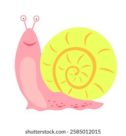 Very cute cartoon snail. It is made in pink, yellow and orange colors. One icon isolated on white background. Children's theme. Bright, charismatic, smiling character. Vector image. Flat.