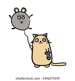 Very cute Cat with a balloon mouse hand drawn in cartoon style. Animal wildlife Kitten Flat vector illustration. Kawaii cat card sketch for t shirt design, School books, Greeting cards, posters.