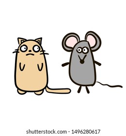 Very cute Cat with mouse hand drawn in cartoon style. Animal wildlife Kitten Flat vector illustration. Kawaii cat card sketch for t shirt design, School books, Greeting cards, posters.