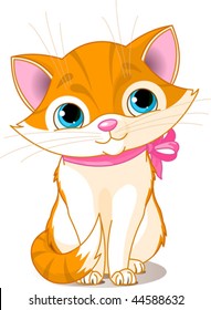 Very Cute Cat with pink bow. Vector illustration