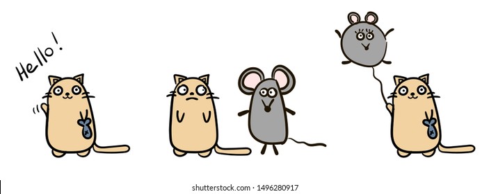 Very cute Cat saying Hello with a balloon mouse, cartoon style. Animal wildlife Kitten Flat vector illustration. Kawaii card sketch for t shirt design, School books, Greeting cards, posters
