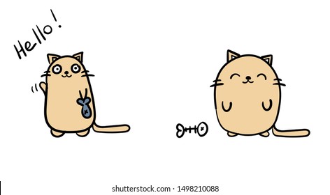 Very cute Cat saying Hello, cartoon style. Animal wildlife Kitten Flat vector illustration. Kawaii card sketch for t shirt design, School books, Greeting cards, posters