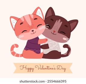 Very cute cats hugging. Red and brown cats in sweaters. Valentine's Day card.