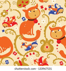  Very Cute Cats Seamless endless pattern with Flowers and Birds . Seamless pattern can be used for wallpaper, pattern fills, web page background, children clothing, wrapping paper and etc.