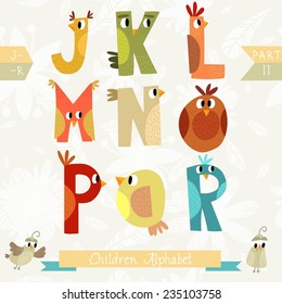 Very cute children alphabet made of characters birds in vector . Part II. Learn to read. Isolated. Alphabet design in a colorful style.