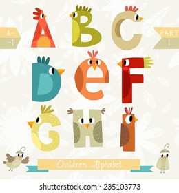 Very cute children alphabet made of characters birds in vector . Part I. Learn to read. Isolated. Alphabet design in a colorful style.