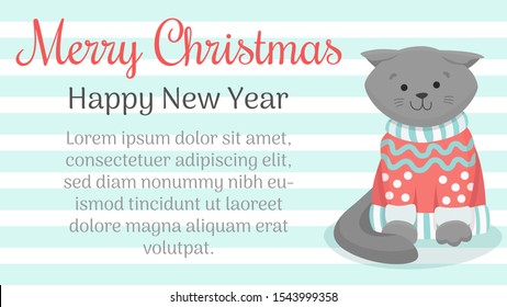Very cute Christmas scottish fold cat in knitted sweater. Character cartoon style. Hand drawn vector illustration.  Vector illustration background for Merry Christmas and Happy New Year 2020 card
