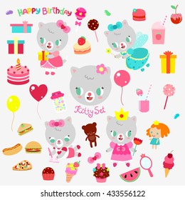 Very cute and colorful set with cute kittens, party items, food, drinks, toys, balloons and flags.