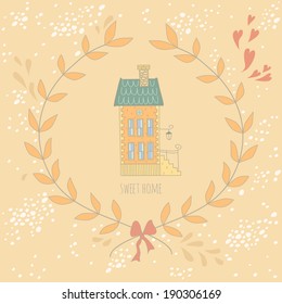 Very cute colorful sweet home card with a wreath. EPS 10. No transparency. No gradients.