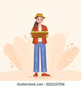 very cute colourful local farmer holding vegetables and fruits. hand drawn cartoon vector