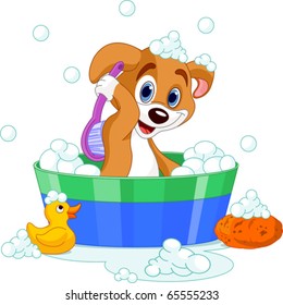 Very cute  dog having a soapy bath