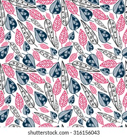 Very cute and elegant seamless pattern with lots of different leaves in pink, blue and black colors. Vector illustration for web design, fabric, textile, wallpaper etc.
