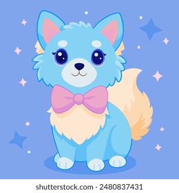 A very cute female blue dog with a pink bow, blue eyes, chest fur, white tail, cream, light blue-purple background, with white and cream-blue stars all around. pastel color vector illustrator