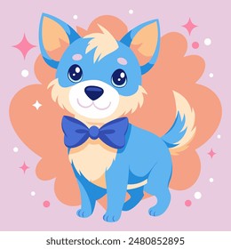 very cute female blue dog with a bow dark blue eyes chest nose cheeks tail fur creamy white light pink background, light brown halo around the dog, with white stars vector pastel illustrator
