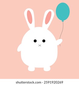 Very cute fluffy fat rabbit with long ears holds  green balloon in his paw. Animal is white in color with black round eyes. One icon isolated on  pink background.