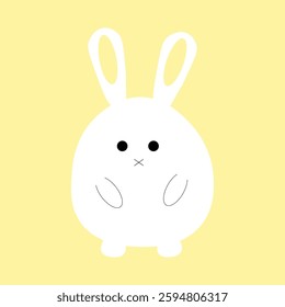 Very cute fluffy fat rabbit with long ears folded his paws on his stomach. Easter bunny. Animal is white in color with black round eyes. One icon isolated on  yellow background.