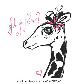 Very cute giraffe girl with flower on her had. Nice vector illustration. Cartoon character. Fashion style.