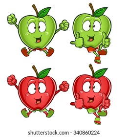 Very cute green and red apple cartoon character set with different emotions and poses isolated on white background