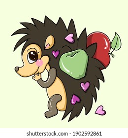 A very cute hedgehog carries apples and a heart on its back. Drawing for children and toddlers. Hand-drawing image of a cute hedgehog for kids.