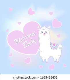Very cute illustration with a llama and a heart.Handwritten inscription "welcome baby". Happy birthday congratulations for child or parents. Postcard, invitation.Pastel gradient on the background.