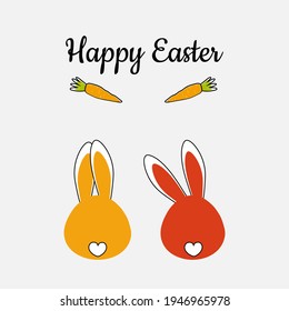 Very cute kawaii bunnies with funny ears and heart tails. Postcard for the holiday of Easter. Printing on decorative pillows, notebooks, children's paintings. Vector graphics.
