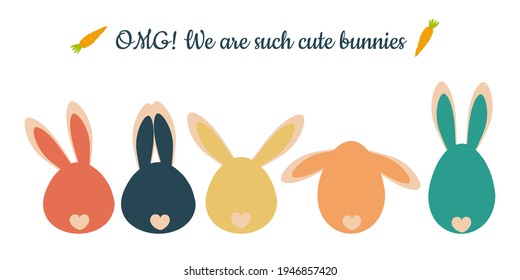 Very cute kawaii colored bunnies with funny ears sit with their backs and show their tails. Postcard for the Easter holiday in pastel colors. Vector graphics.