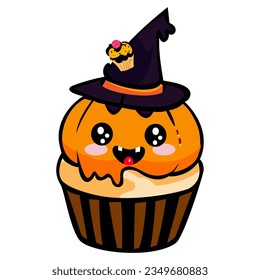 very cute kawaii halloween cupcake with pumpkin and hat vector illustration
