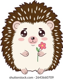 A very cute and kawaii-style cartoon hedgehog holding a pink flower. 