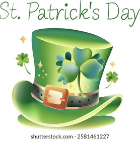 A very cute leprechaun hat with a shamrock, isolated on background, with a charming and whimsical style. Clover leaf, a symbol of good luck. St. Patrick's Day concept.