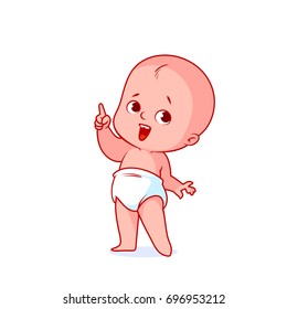 Very cute little baby in a white diaper with a finger up. Funny cartoon character. Vector illustration isolated on a white background.