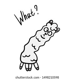 Very cute Llama saying - What? cartoon style. Animal wildlife lama Flat vector illustration. Kawaii card sketch for t shirt design,  books, Greeting cards, posters