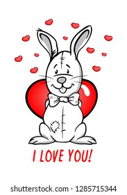 very cute loving toy rabbit holding a red heart in his paws, Valentine's day card, vector illustration