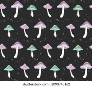 Very cute magic mushrooms seamless pattern on a dark background with fabulous glowing lights. Pastel shades of pink, lilac, light green. Hand drawn vector illustration